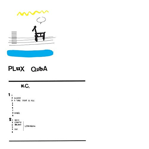 Minimalist white album cover with abstract black sketches, a blue brushstroke, and text.