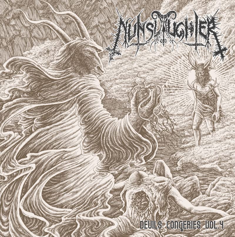 Dark, detailed album cover for Nunslaughter’s “Devil’s Congeries Vol. 4” with demonic figures.