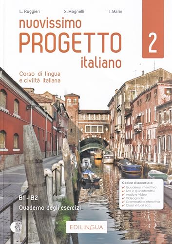 Italian language textbook cover with a canal scene and text “Progetto italiano 2”.