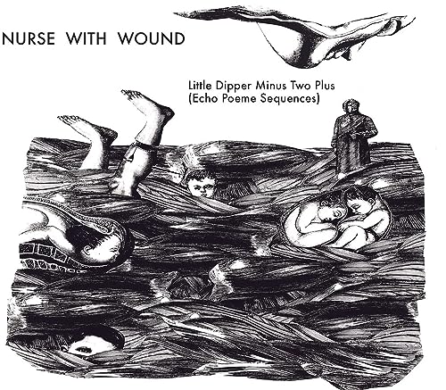 Black and white illustration of figures submerged in a textured landscape.