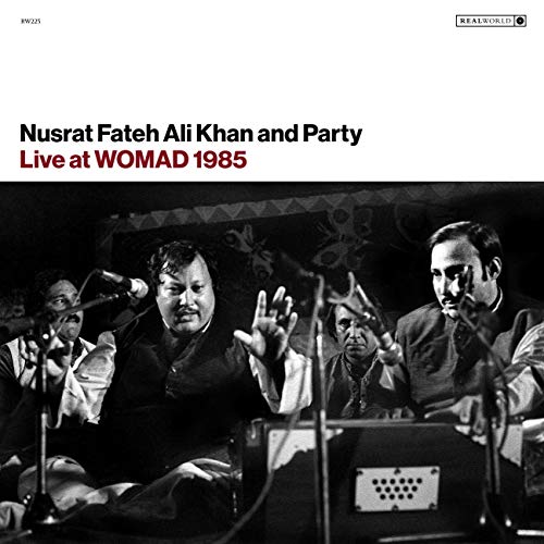 Black and white CD cover featuring Nusrat Fateh Ali Khan performing live.