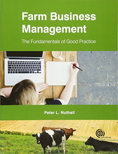 Book cover: "Farm Business Management" with laptop, cows, and fields.