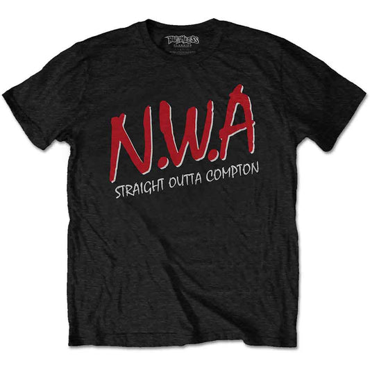 Black t-shirt with red "N.W.A" logo and "Straight Outta Compton" text.