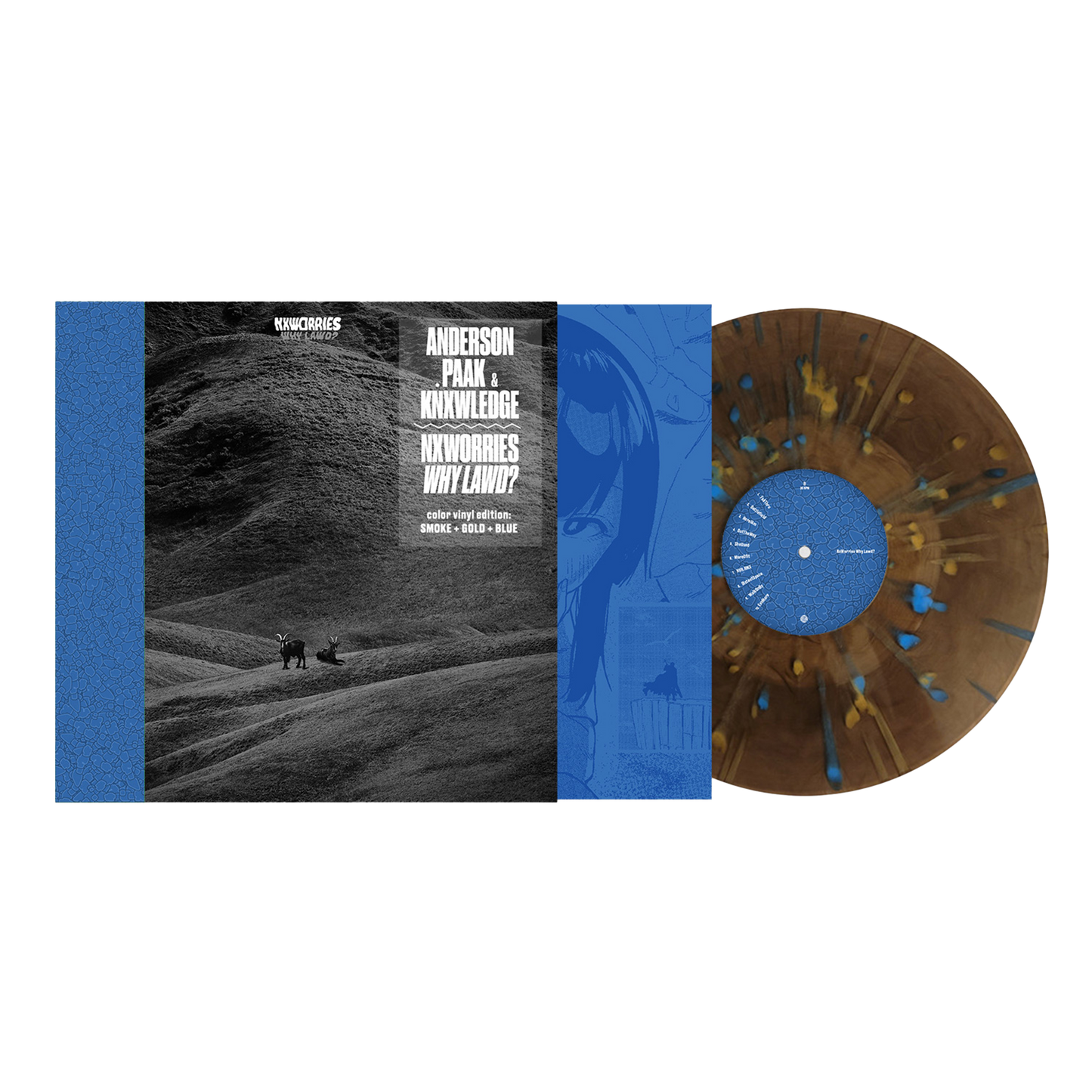 Nxworries album cover and brown/blue swirl vinyl record shown.