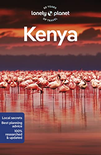 Lonely Planet Kenya travel guide cover featuring a large flock of flamingos at sunset.