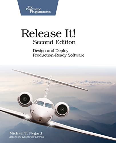 Book cover: "Release It!" with a jet airplane against mountains.