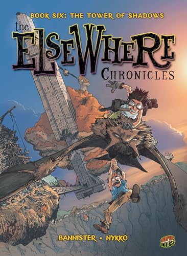 Book cover: children riding a large, winged creature near a tall tower.