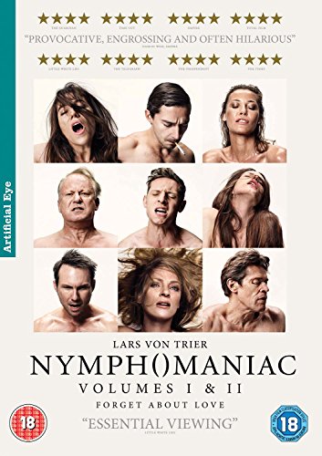 Nymphomaniac" DVD cover with nine distressed faces and the film's title.