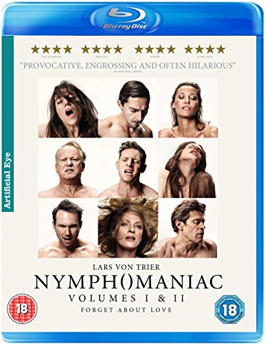 Nymphomaniac" Blu-ray cover featuring nine portraits of actors in close-up.