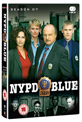 NYPD Blue" Season 7 DVD cover featuring four police officers and city skyline.