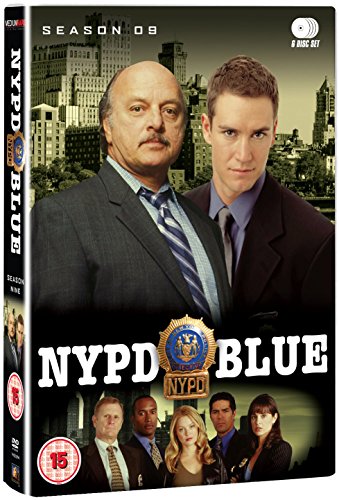 DVD cover for NYPD Blue Season 9 featuring cast members and a police badge.