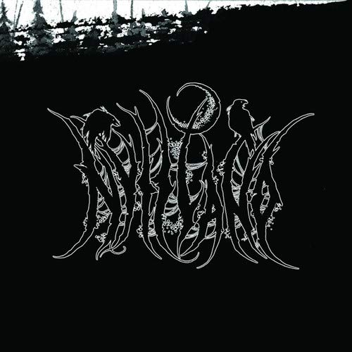 "Black album cover with white, stylized text and abstract design, featuring a crescent moon."
