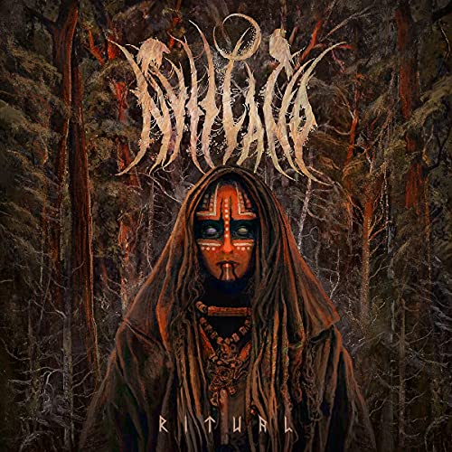 "Album cover featuring a person in a hooded robe with painted face in a forest."