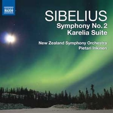 "CD cover with aurora borealis, snow, and trees, featuring Sibelius' Symphony No. 2."