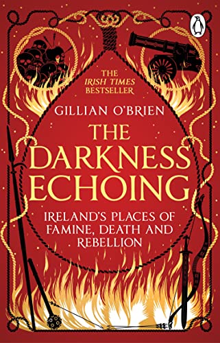 Red book cover with ornate gold frame, flames, and weaponry imagery.