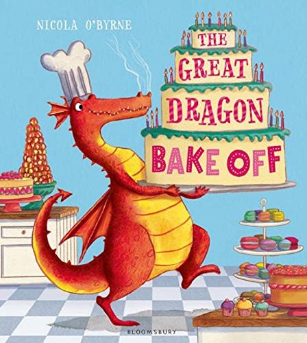 Red dragon with chef's hat beside a tiered cake in a kitchen.