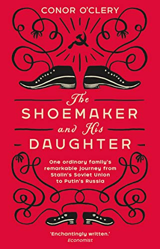 Red book cover with black shoes and swirling designs, featuring title "The Shoemaker and His Daughter".