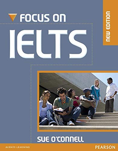 IELTS textbook cover with students on steps, titled "Focus on IELTS".