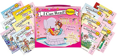 A pink carrying case featuring Fancy Nancy surrounded by twelve individual I Can Read books.