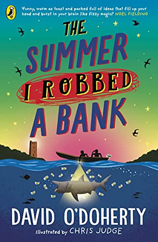 Book cover with colorful text, a small boat, and a shark underwater.