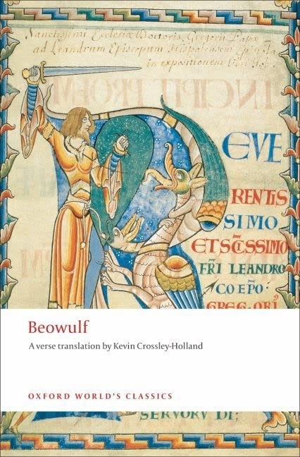 Book cover: illuminated manuscript image with text "Beowulf" below.
