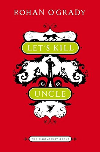 Red book cover with black silhouettes of figures and a cat.