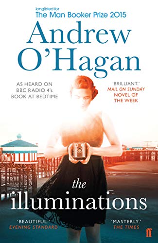 Book cover: woman with camera on a pier, seaside background.