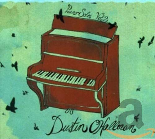 Illustration of an upright piano on a light green background with flying birds.