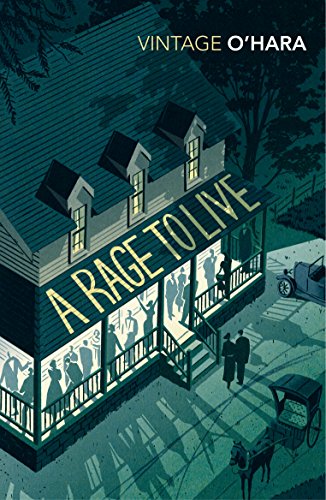 Book cover: illustrated dark green house with figures, titled "A Rage to Live".