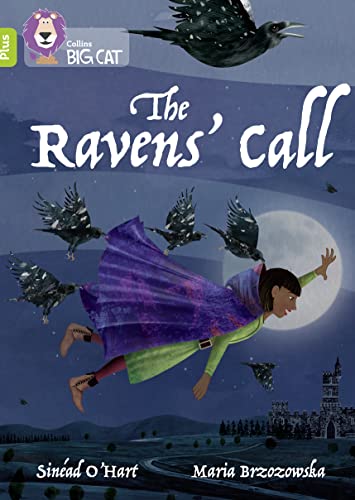 Girl flying with ravens under a full moon, book cover illustration.