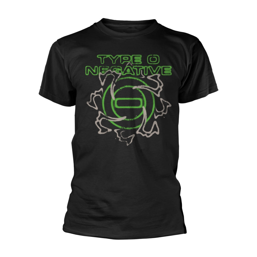 Black t-shirt with green and white Type O Negative band logo design.