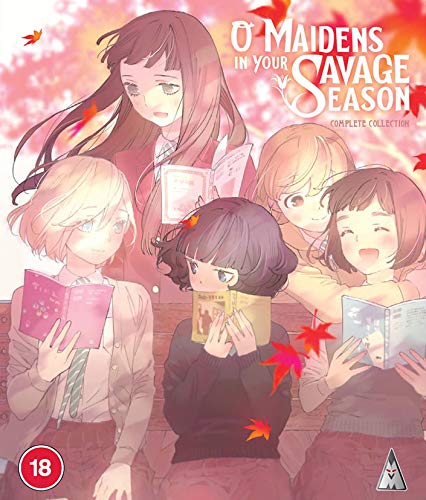 Anime Blu-ray cover featuring five young women with books, falling leaves.