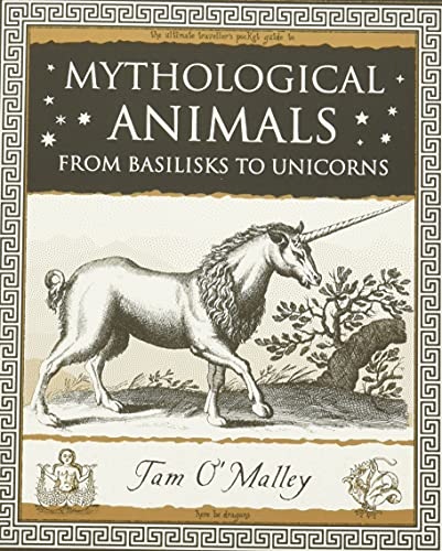 Book cover titled Mythological Animals featuring a vintage illustration of a unicorn.