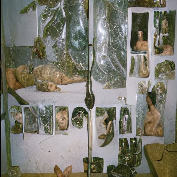 Surrealist album art featuring fragmented human forms in green and beige.