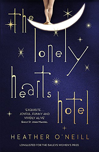 Book cover: "The Lonely Hearts Hotel" with a crescent moon and feet.