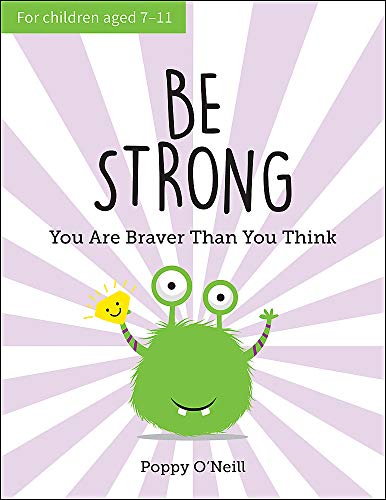 Book cover: "Be Strong" with cartoon monster and sun illustration.
