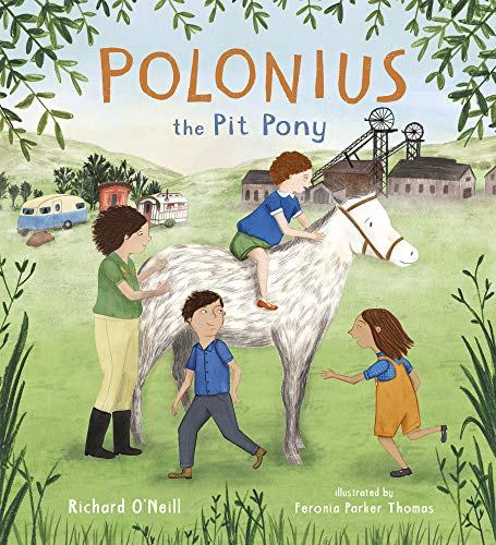 Children and a white pony in a field with a mine headframe in background.