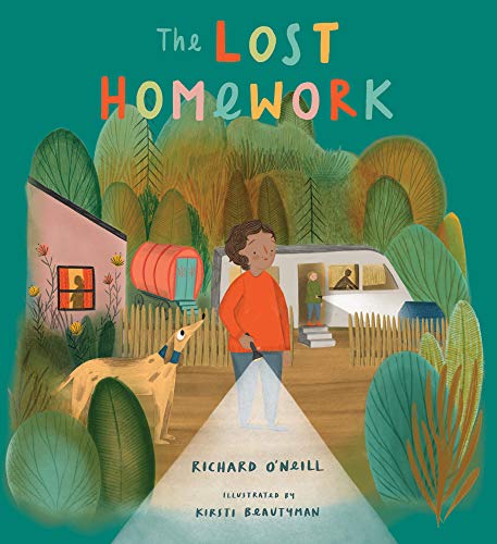 Book cover: a child, dog, and house in a colorful, illustrated landscape.