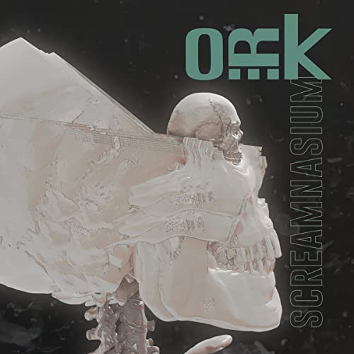 A stylized human skull with glitch effects against a dark background, titled O.r.k Screamnasium.