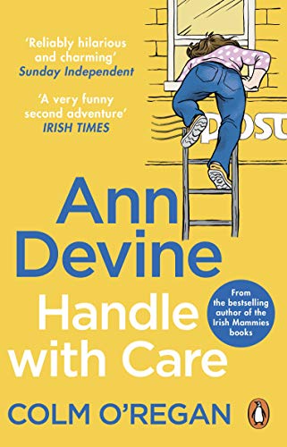 Book cover: woman on ladder looking in window, yellow background.
