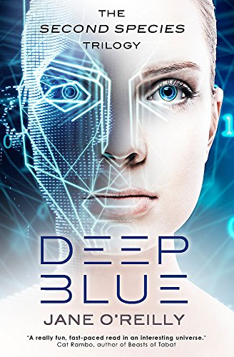 Book cover: woman’s face overlaid with a glowing blue robotic grid.