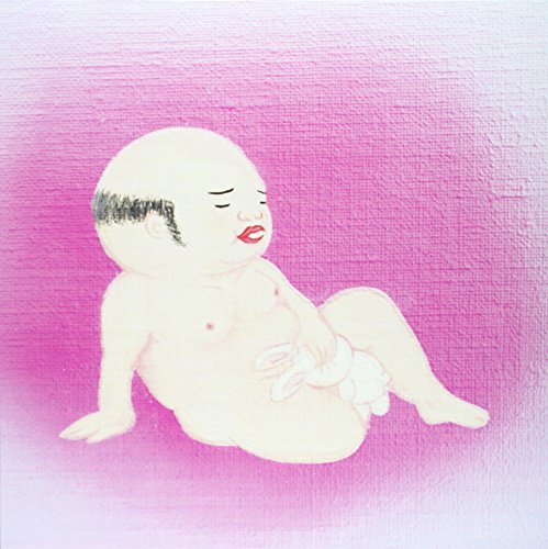 Painting of a bald, seated baby with red lips on a pink background.