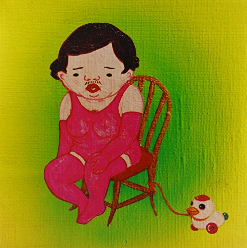 Painting of a person in pink, seated with a yellow rubber duck.