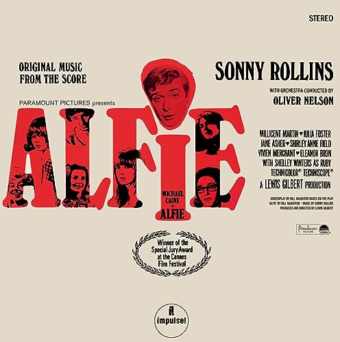 Red album cover for "Alfie" soundtrack featuring Michael Caine and silhouettes.