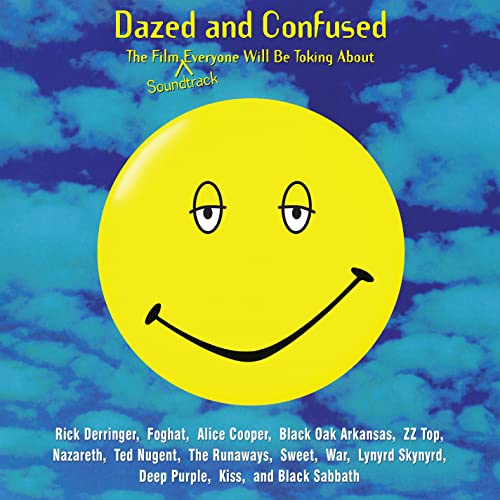 Dazed and Confused" soundtrack vinyl cover with a large yellow smiley face.