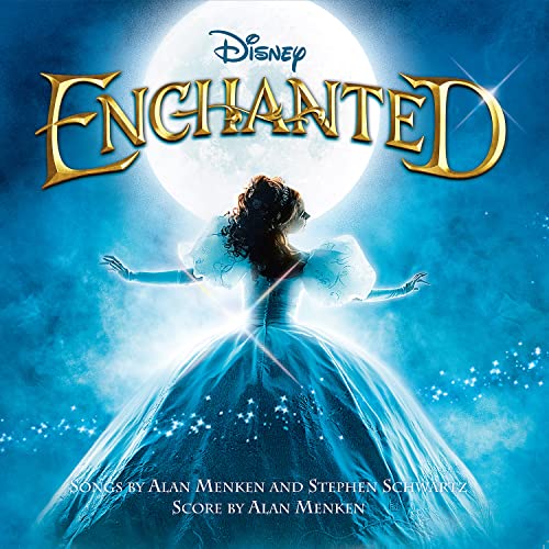 “Enchanted” soundtrack album cover with a woman in a blue gown under a full moon.