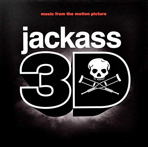 “Jackass 3D” CD cover with white lettering, skull, and crossed crutches on black.