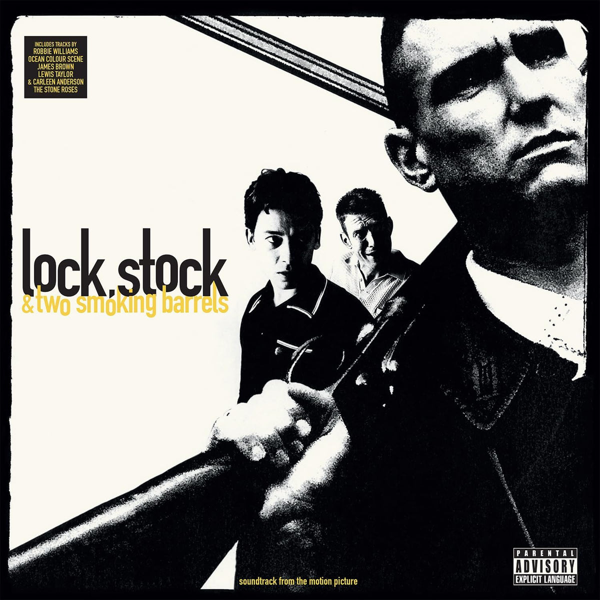 Lock, Stock & Two Smoking Barrels" soundtrack vinyl cover with film characters.