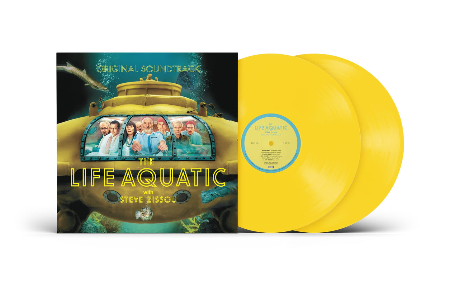 Yellow vinyl record with Life Aquatic With Steve Zissou soundtrack title and artwork.