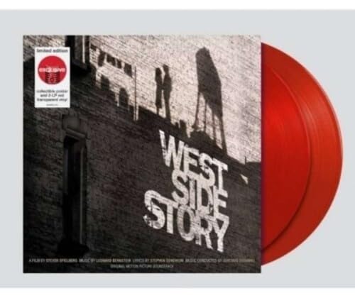 West Side Story vinyl record cover with silhouettes on a brick wall and red discs.